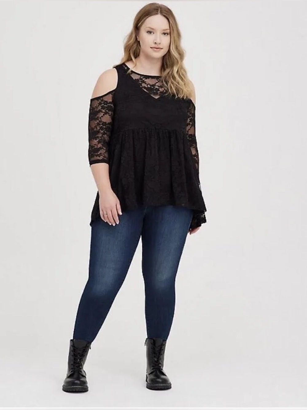 torrid Black Stretch Lace Cold-Shoulder Peplum Top